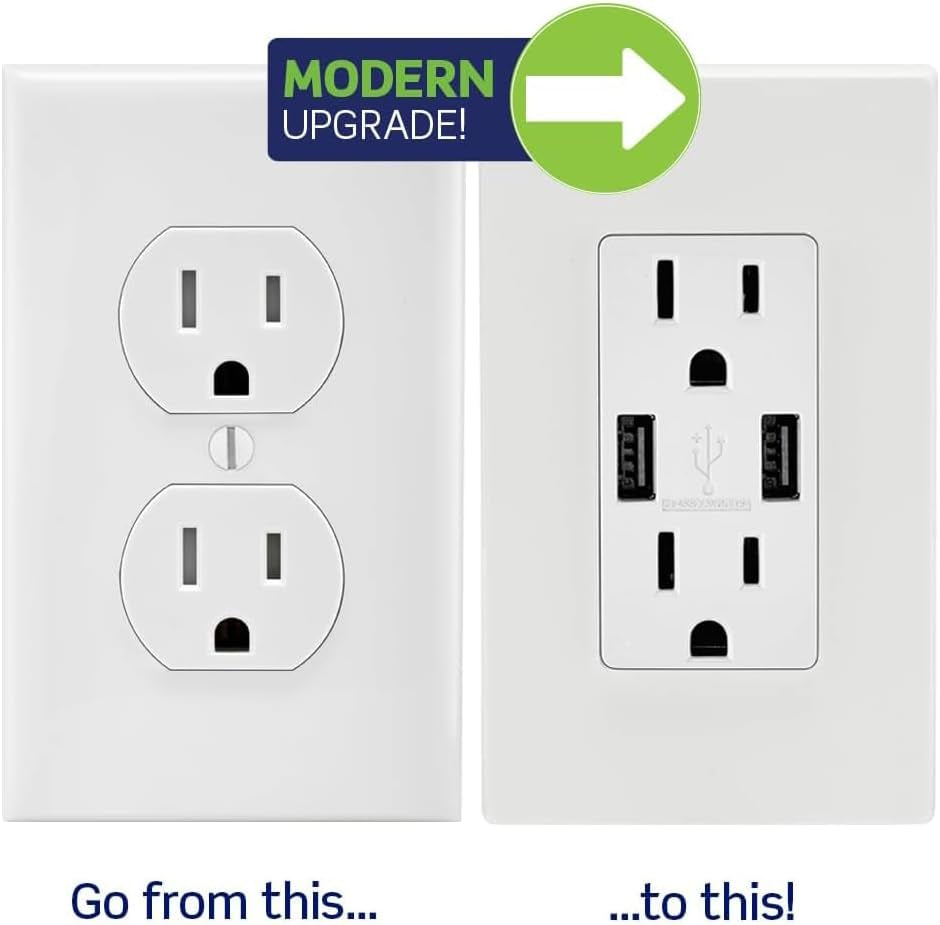 T5832-W Type-A USB In-Wall Charger with 20A Tamper-Resistant Outlet, USB Charger for Smartphones, White