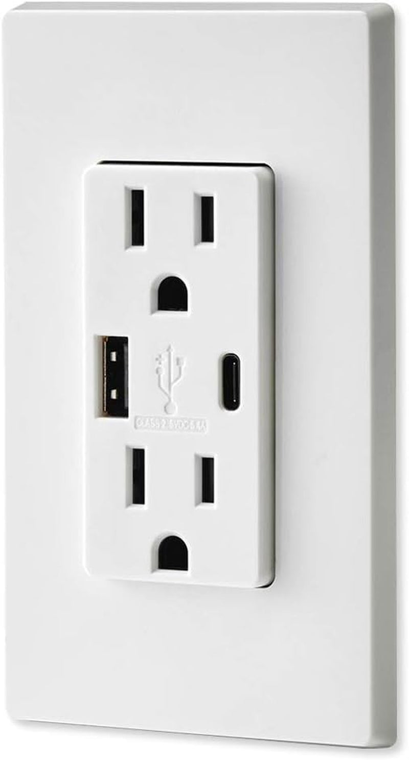 T5633-W Type a & Type-C USB In-Wall Charger with 15A Tamper-Resistant Outlet, USB Charger for Smartphones and Tablets, Not for Laptops, White