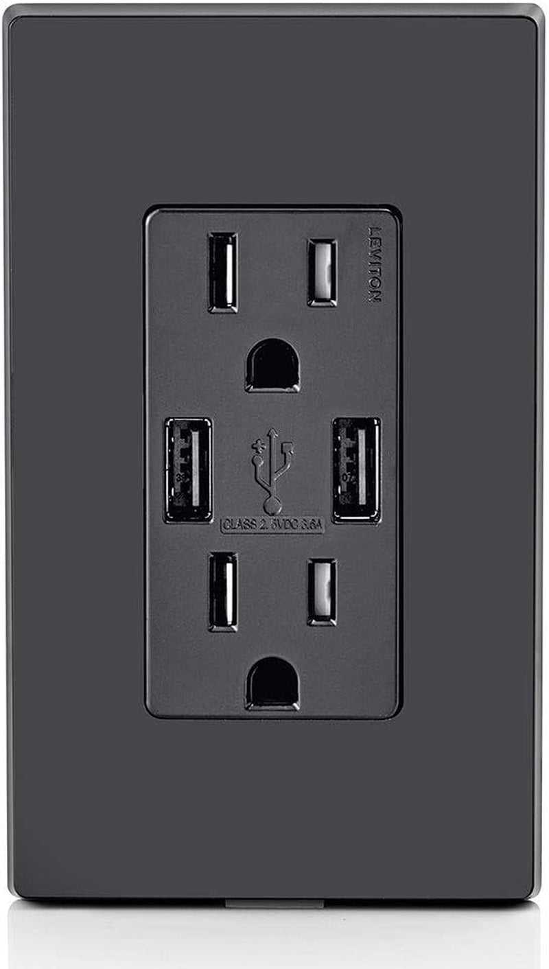 T5632-E Type-A USB In-Wall Charger with 15A Tamper-Resistant Outlet, USB Charger for Smartphones, Black