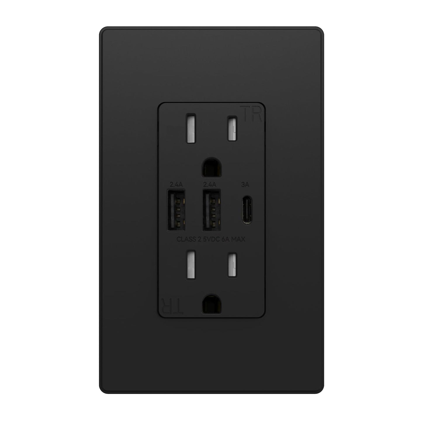 USB Outlets Receptacles, 3-Port USB C Wall Outlet, 30W 6.0A USB Electrical Outlet, 15 Amp Tamper-Resistant Outlet with USB C Ports, UL Listed, Screwless Wall Plate Included, 1 Pack, Matte Black