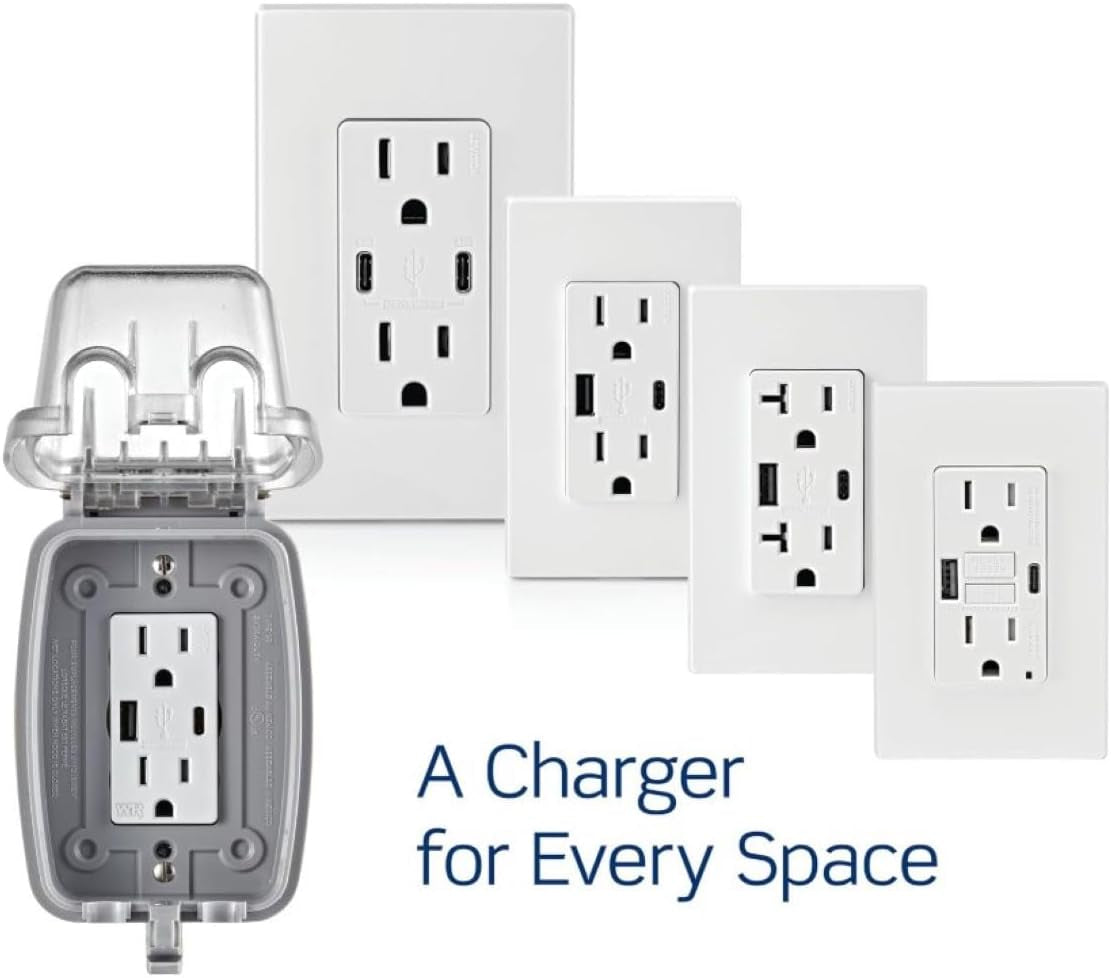 T5832-W Type-A USB In-Wall Charger with 20A Tamper-Resistant Outlet, USB Charger for Smartphones, White