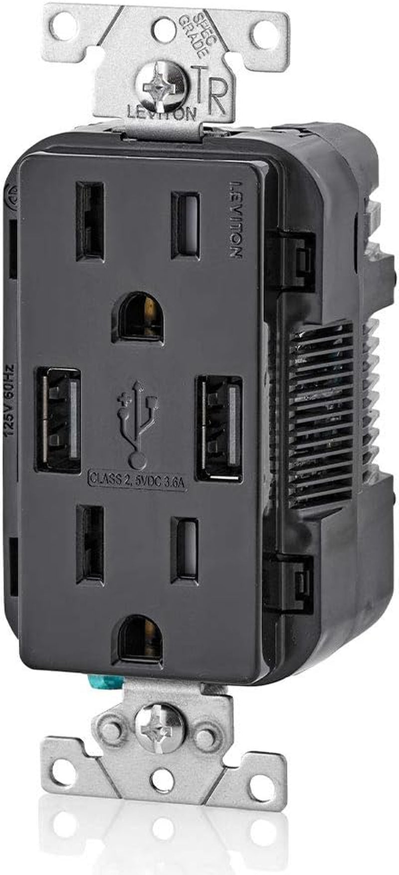 T5632-E Type-A USB In-Wall Charger with 15A Tamper-Resistant Outlet, USB Charger for Smartphones, Black