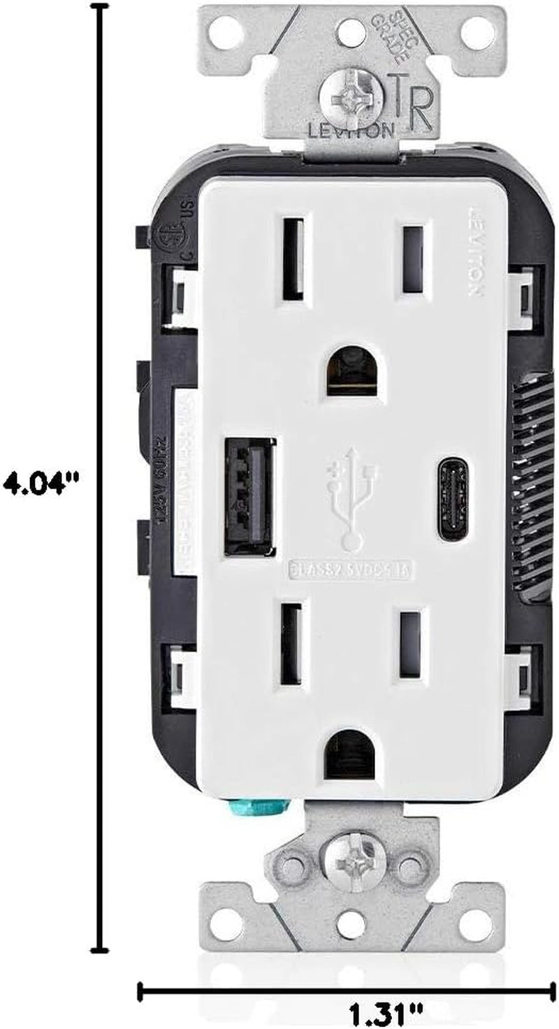 T5633-W Type a & Type-C USB In-Wall Charger with 15A Tamper-Resistant Outlet, USB Charger for Smartphones and Tablets, Not for Laptops, White