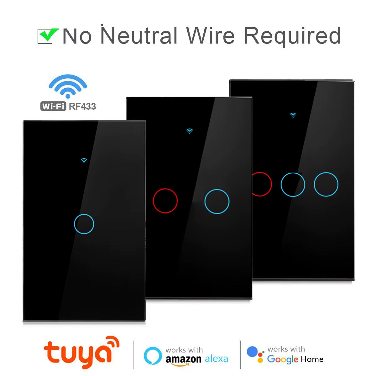 Smart Wifi Touch Switch No Neutral Wire Required Smart Home 1/2/3 Gang Light Switch 100-240V Works with Alexa Hey Google