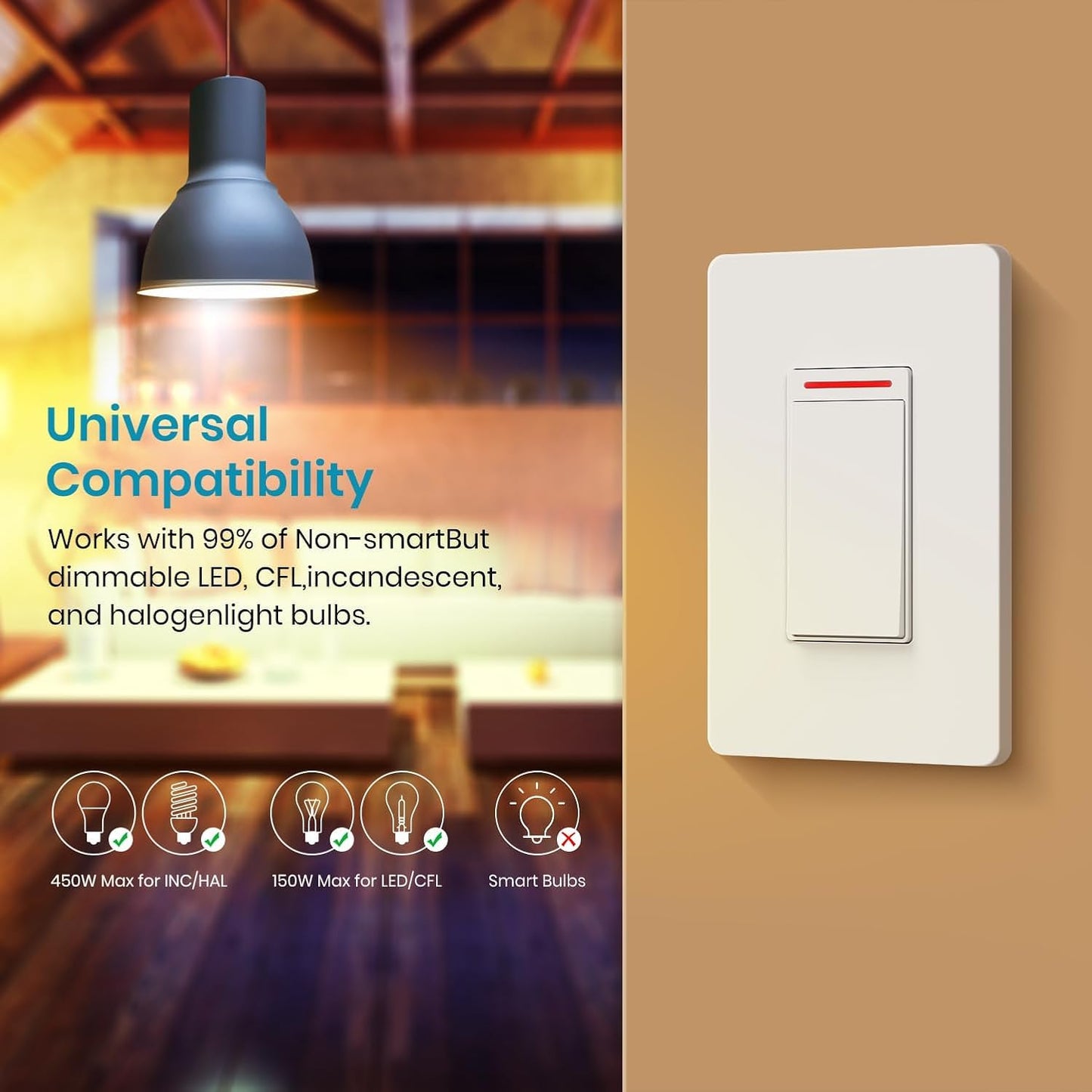 Smart Light Switch Single-Pole,Smart Switch 2024 New Model 10A,Compatible with Alexa, Siri and Assistant,Voice and Remote Control,Neutral Wire Required,No Hub Required