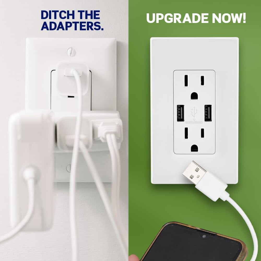 T5832-W Type-A USB In-Wall Charger with 20A Tamper-Resistant Outlet, USB Charger for Smartphones, White
