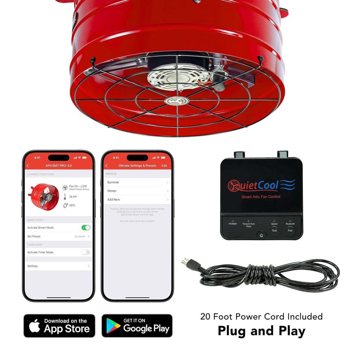 AFG SMT PRO-3.0 Smart Attic Fan for Gable Vents - 2940 CFM - Smart App Control - Thermostat and Humidistat - 20Ft Power Cord - Plug-And-Play - Two Speed