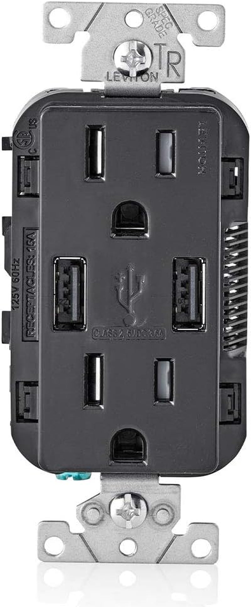 T5632-E Type-A USB In-Wall Charger with 15A Tamper-Resistant Outlet, USB Charger for Smartphones, Black