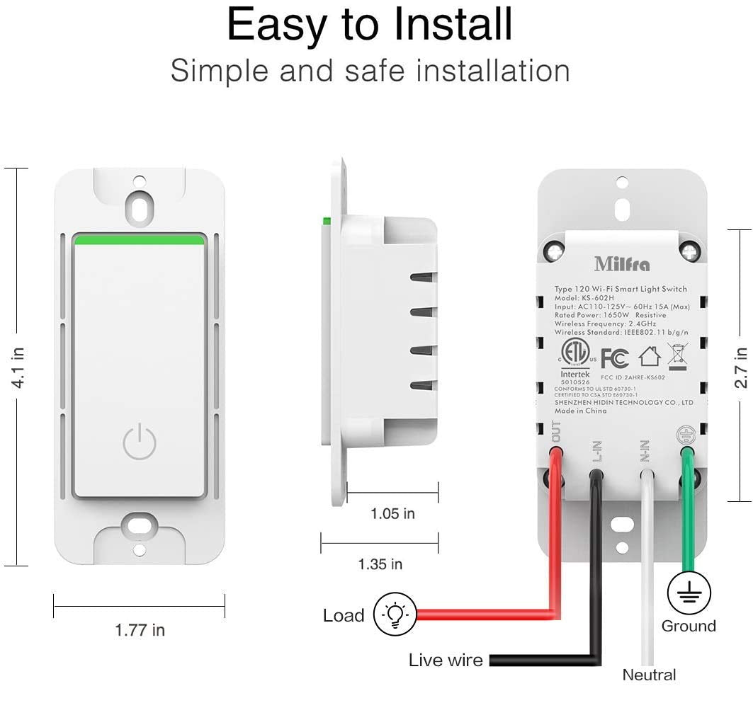 Smart Light Switch, In-Wall Wifi Smart Switch That Compatible with Alexa and Google Assistant, No Hub Required, Neutral Wire Needed, Single-Pole 15A, ETL and FCC Listed,2 Pack