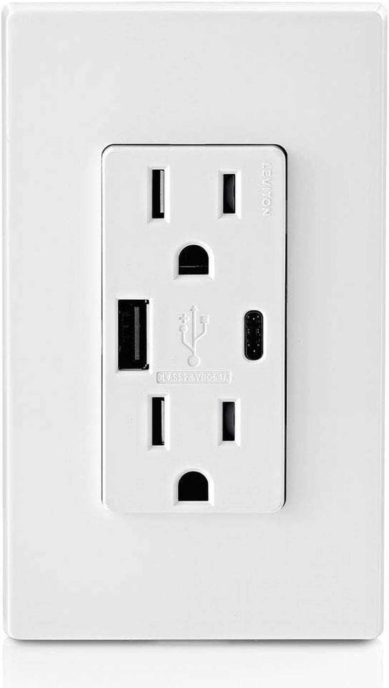 T5633-W Type a & Type-C USB In-Wall Charger with 15A Tamper-Resistant Outlet, USB Charger for Smartphones and Tablets, Not for Laptops, White