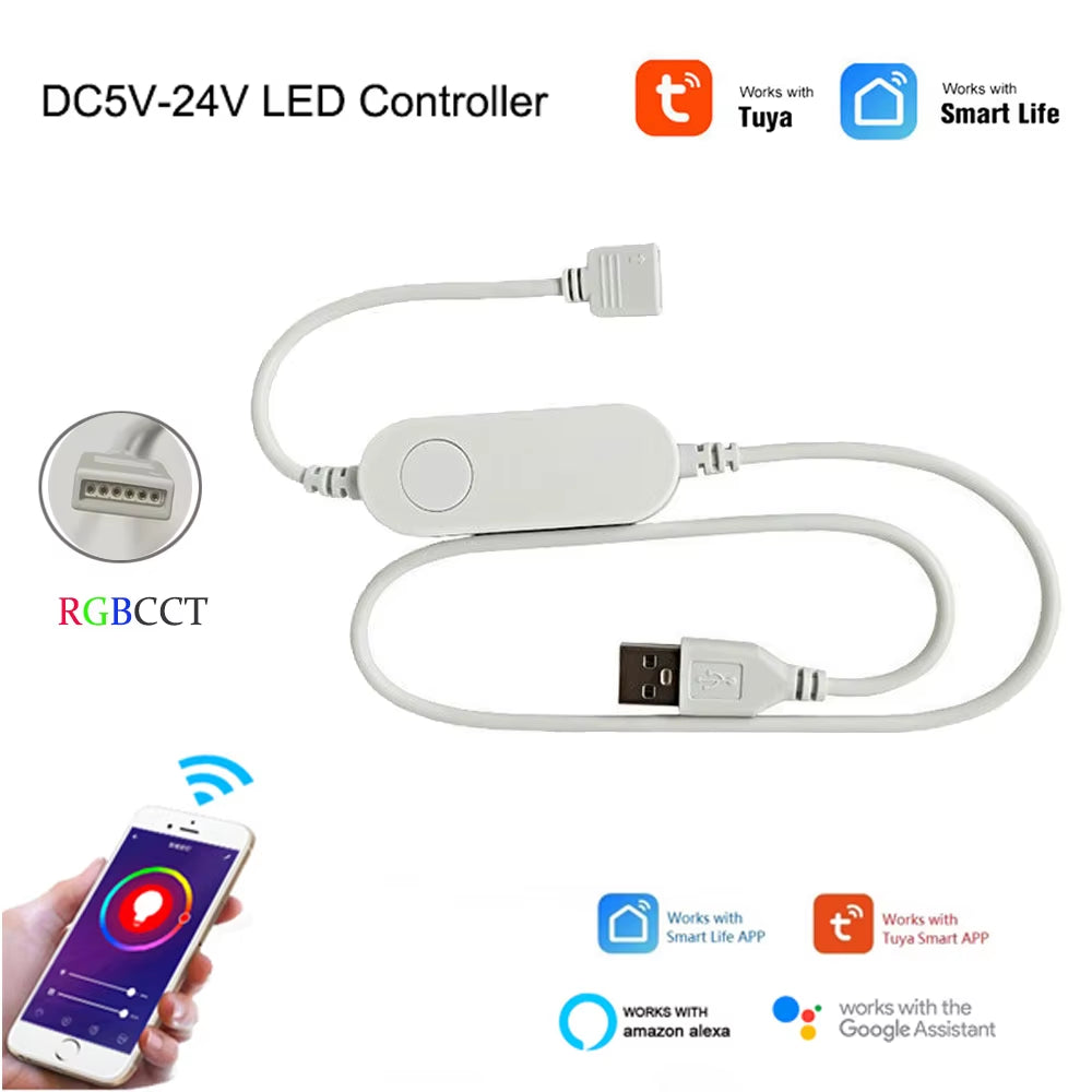 Wifi Smart Mini Led Controller DC 5V 12V 24V RGBW RGBWW RGB+CCT RGB Strip Controller TUYA Smart Life APP Echo plus Voice Control