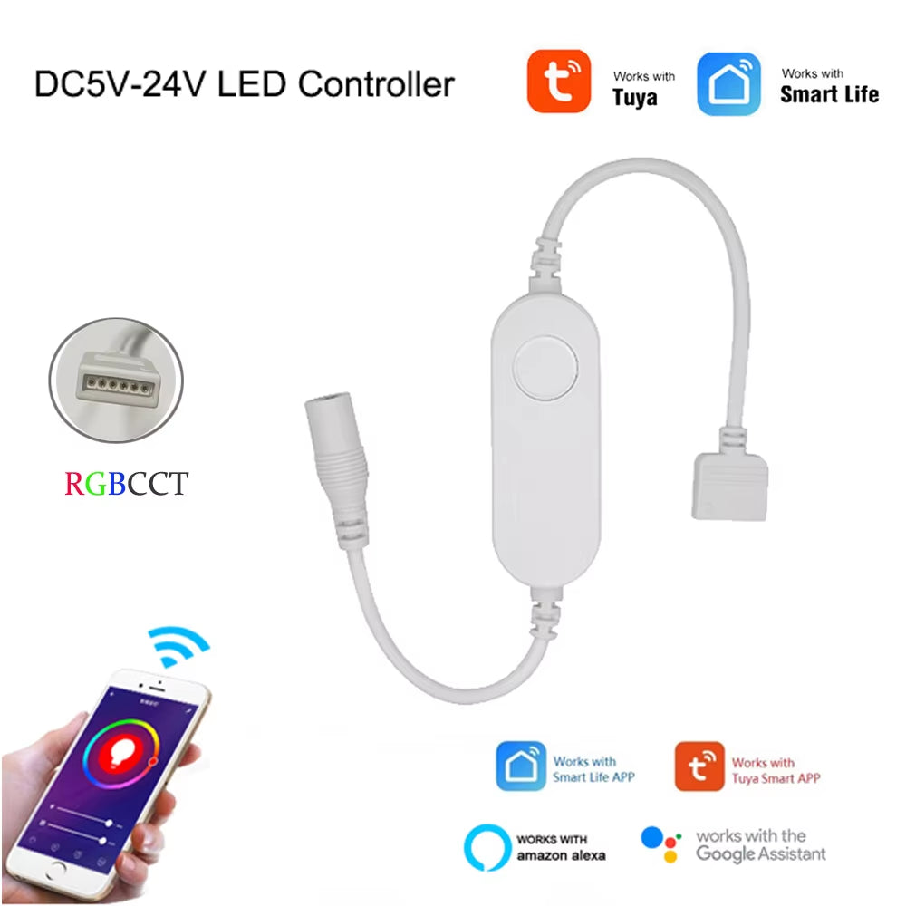 Wifi Smart Mini Led Controller DC 5V 12V 24V RGBW RGBWW RGB+CCT RGB Strip Controller TUYA Smart Life APP Echo plus Voice Control
