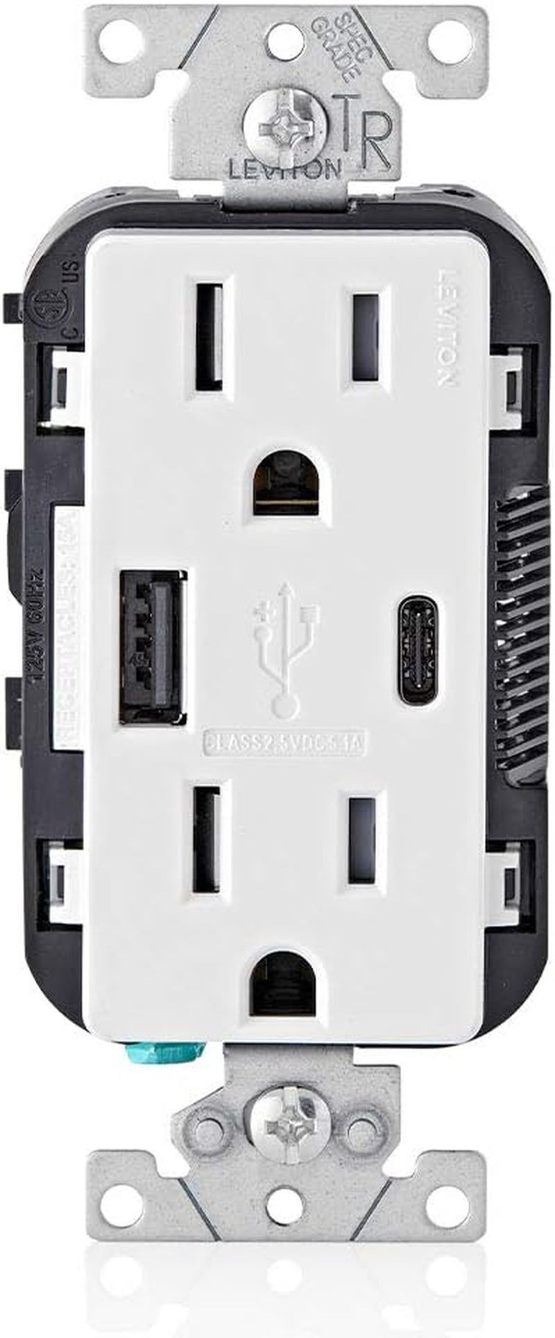 T5633-W Type a & Type-C USB In-Wall Charger with 15A Tamper-Resistant Outlet, USB Charger for Smartphones and Tablets, Not for Laptops, White
