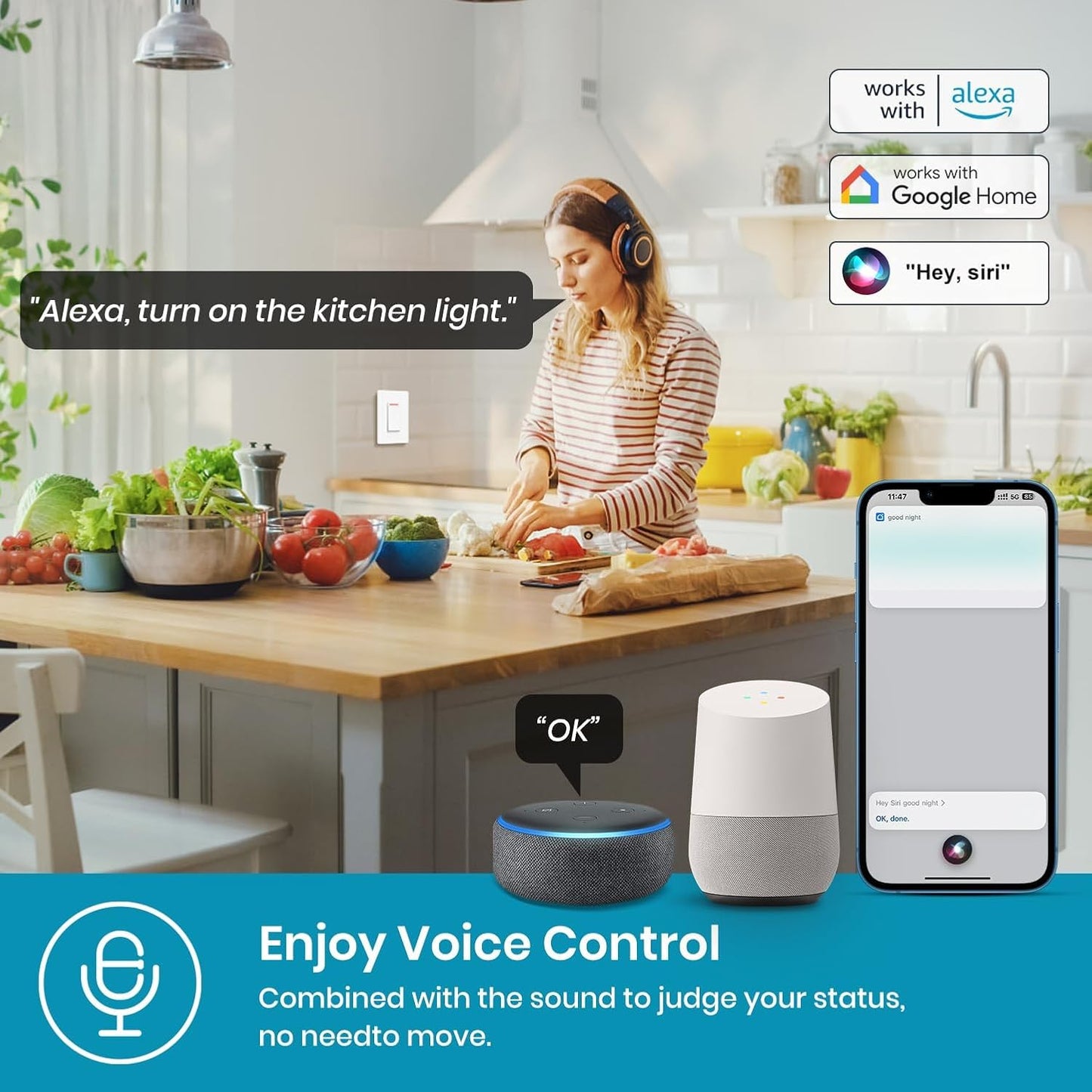 Smart Light Switch Single-Pole,Smart Switch 2024 New Model 10A,Compatible with Alexa, Siri and Assistant,Voice and Remote Control,Neutral Wire Required,No Hub Required