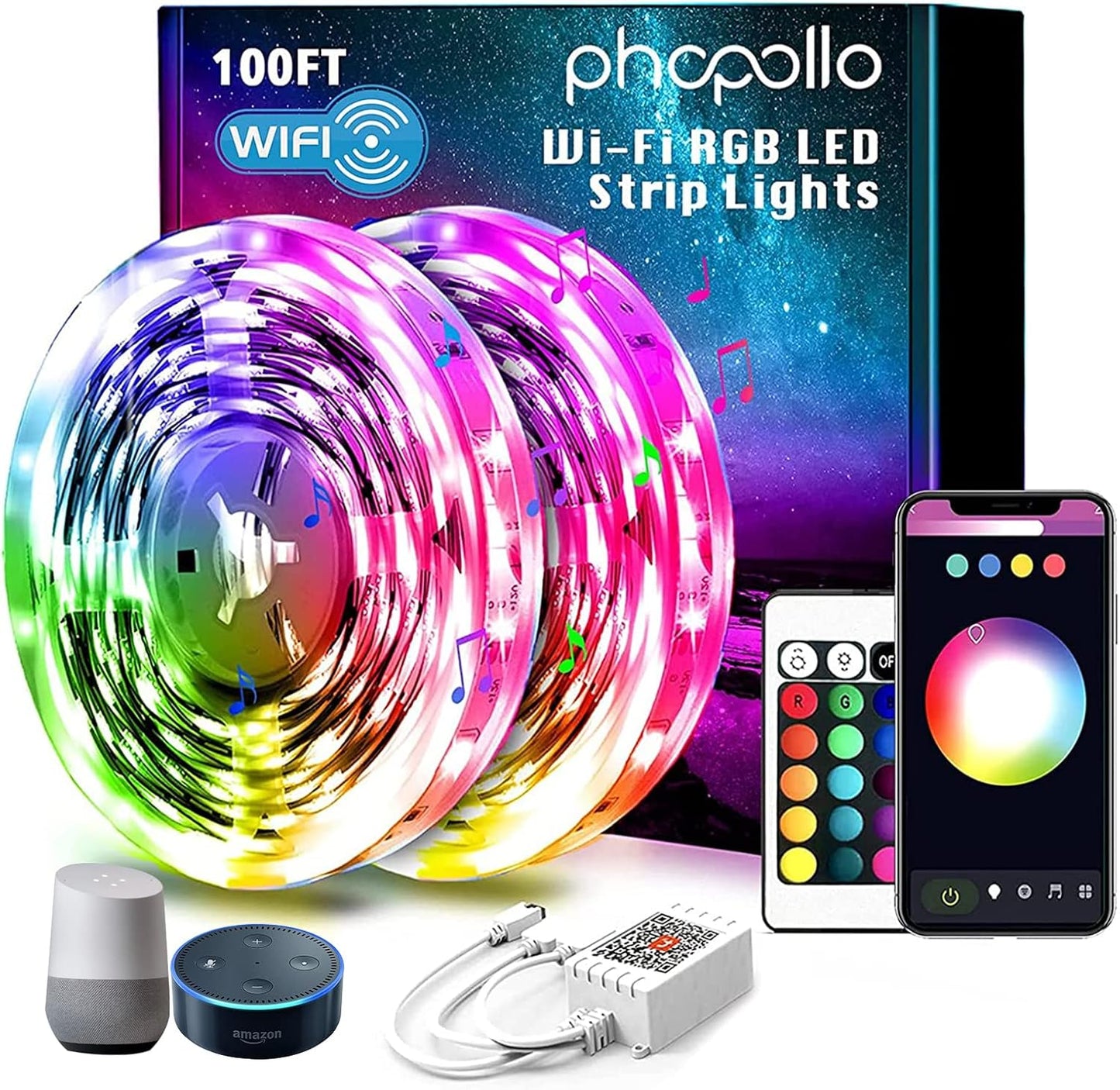 100Ft Led Lights for Bedroom Sync with Music, Led Strip Lights Compatible with Alexa and Google Home