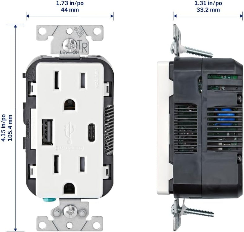 T5633-W Type a & Type-C USB In-Wall Charger with 15A Tamper-Resistant Outlet, USB Charger for Smartphones and Tablets, Not for Laptops, White