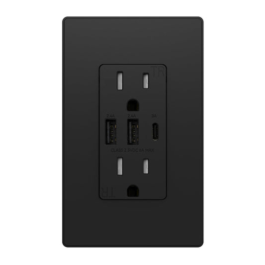 USB Outlets Receptacles, 3-Port USB C Wall Outlet, 30W 6.0A USB Electrical Outlet, 15 Amp Tamper-Resistant Outlet with USB C Ports, UL Listed, Screwless Wall Plate Included, 1 Pack, Matte Black
