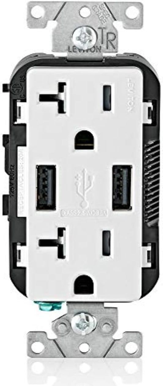 T5832-W Type-A USB In-Wall Charger with 20A Tamper-Resistant Outlet, USB Charger for Smartphones, White