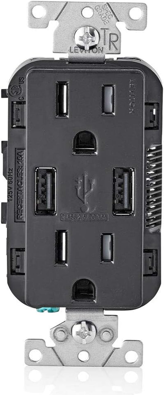 T5632-E Type-A USB In-Wall Charger with 15A Tamper-Resistant Outlet, USB Charger for Smartphones, Black
