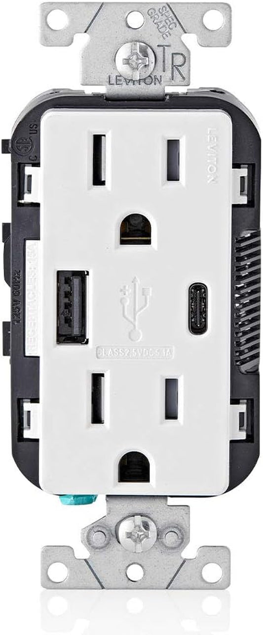 T5633-W Type a & Type-C USB In-Wall Charger with 15A Tamper-Resistant Outlet, USB Charger for Smartphones and Tablets, Not for Laptops, White